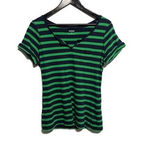 Express Short Sleeve Pullover V Neck Cotton Blend T-Shirt Navy & Green Striped L